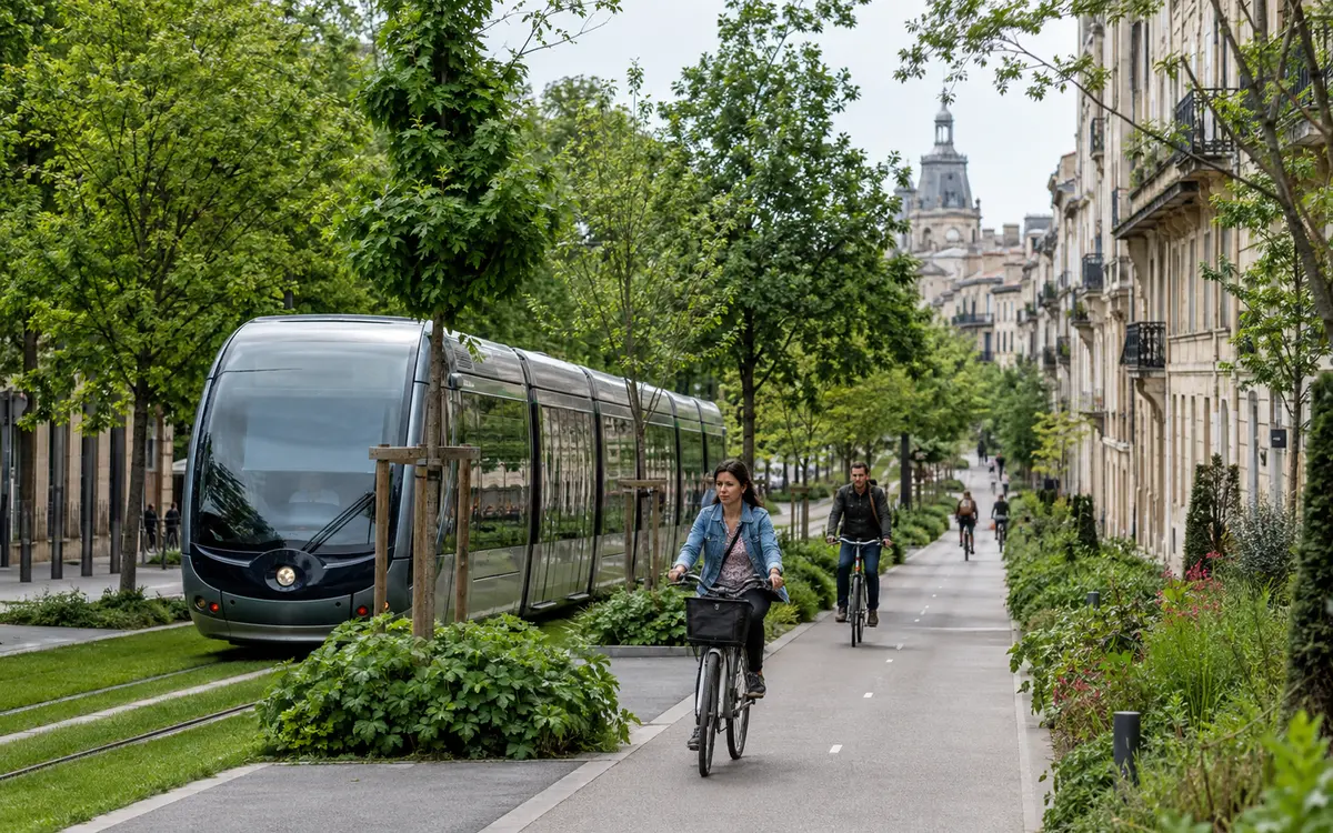 Mobilités bas carbone avec tramway et vélos en ville